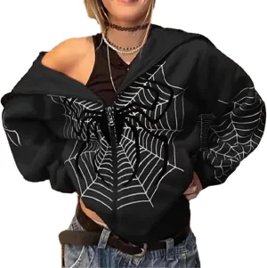 Women Men Zip Up Y2k Oversized Hoodie Spider Graphic Full Zipper Sweatshirt Teen Girls Grunge Streetwear Jacket