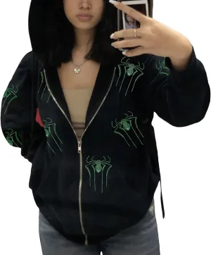 Women Men Zip Up Y2k Oversized Hoodie Spider Graphic Full Zipper Sweatshirt Teen Girls Grunge Streetwear Jacket