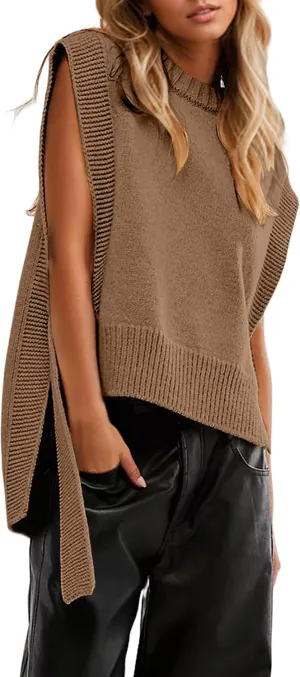 Women Oversized Crew Neck Sleeveless Sweater Vest Top High Low Hem Tie Up Knit Pullover Tank Tops Brown