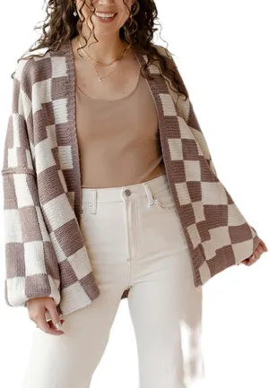 Women Oversized Plaid Cardigan Y2K Long Sleeve Checkered Open Front Knit Sweater Casual Loose Outwear Streetwear