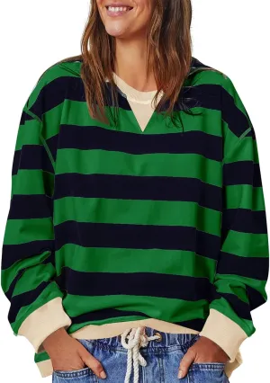 Women Oversized Sweatshirt Long Sleeve Crewneck Color Block Striped Pullover Tops