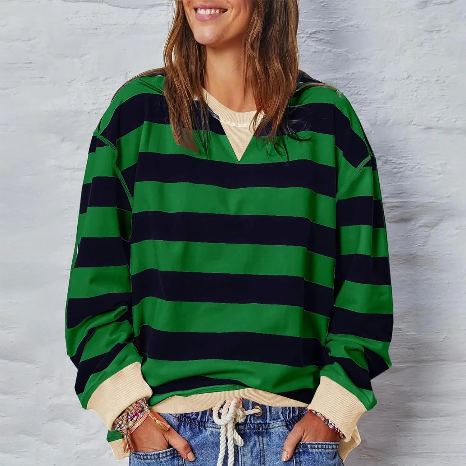 Women Oversized Sweatshirt Long Sleeve Crewneck Color Block Striped Pullover Tops