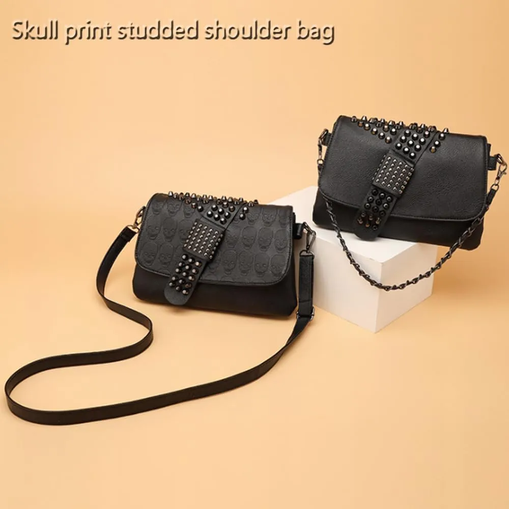Women Punk Skull Shoulder Top-Handle Bag Rivet Purse Handbag Chain Satchel Tote