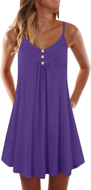 Women Ruched Flowy Solid Tank Spaghetti Strap Button Embellished Camisole Pleated High Elastic Top Summer Undershirt