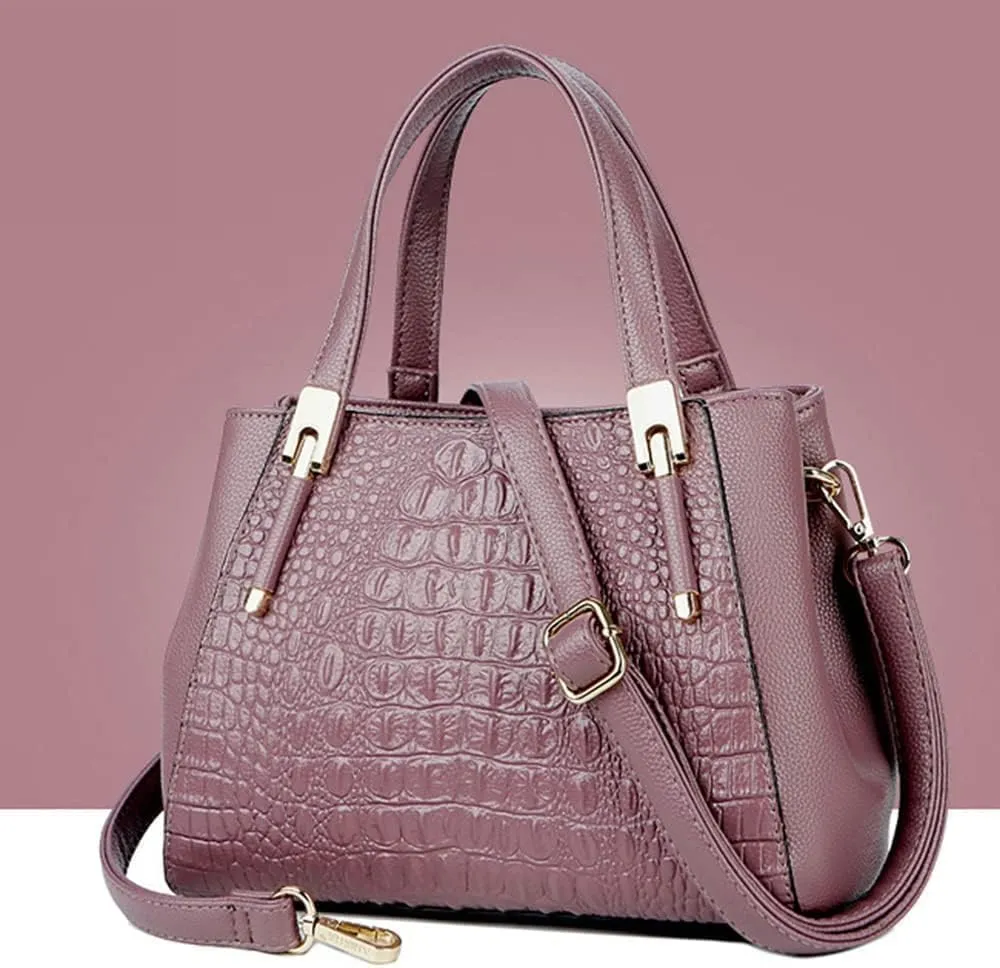 Women Shoulder Handbag Crocodile Pattern Tote Leather Work Top-Handle Satchel