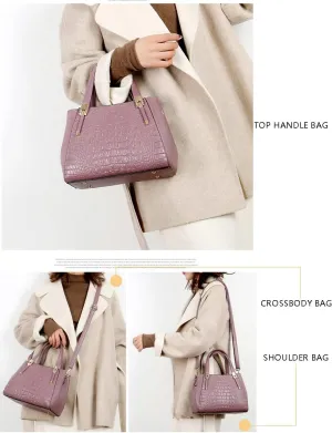 Women Shoulder Handbag Crocodile Pattern Tote Leather Work Top-Handle Satchel