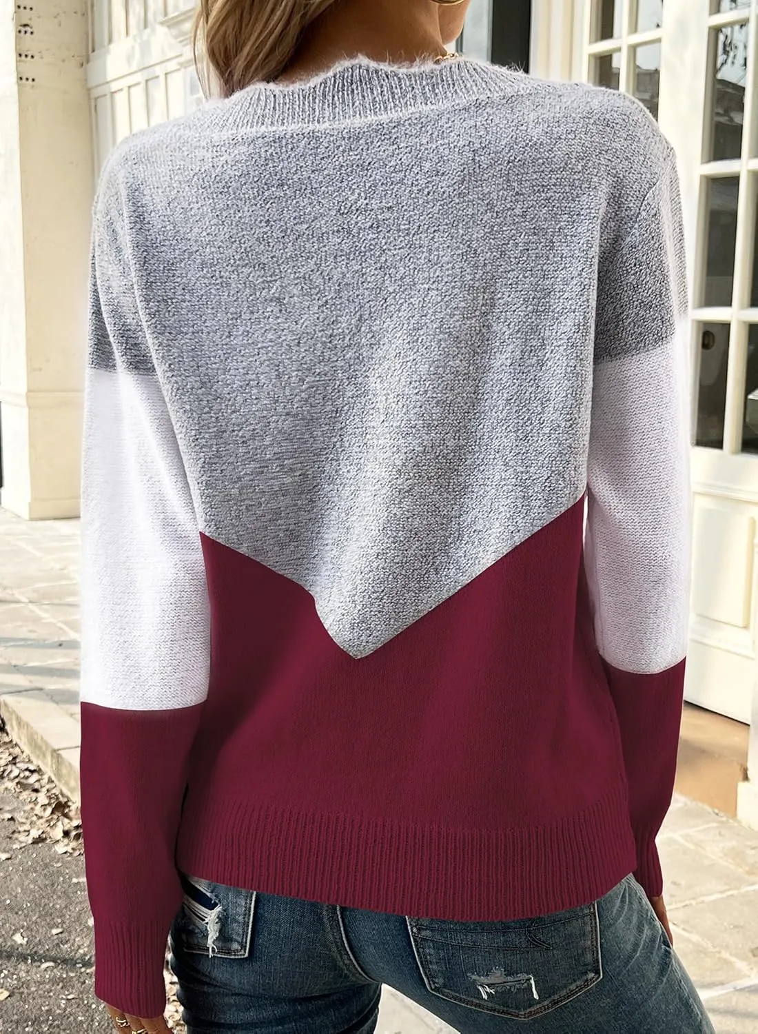 Women Spring Color Block V Neck Knit Pullover Long Sleeve Sexy Casual Soft Sweaters Tops