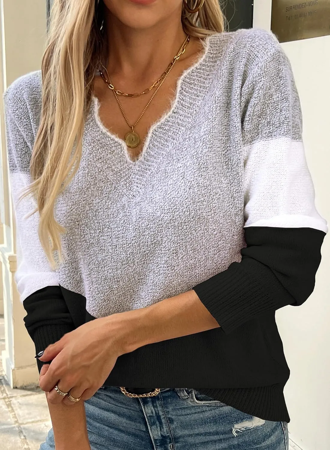 Women Spring Color Block V Neck Knit Pullover Long Sleeve Sexy Casual Soft Sweaters Tops
