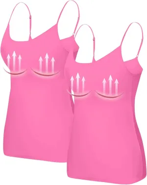 Women Tank Tops with Built in Bras Cotton Shelf Bra Camisoles Adjustable Spaghetti Basic Undershirt Layer Cami 2 Pack
