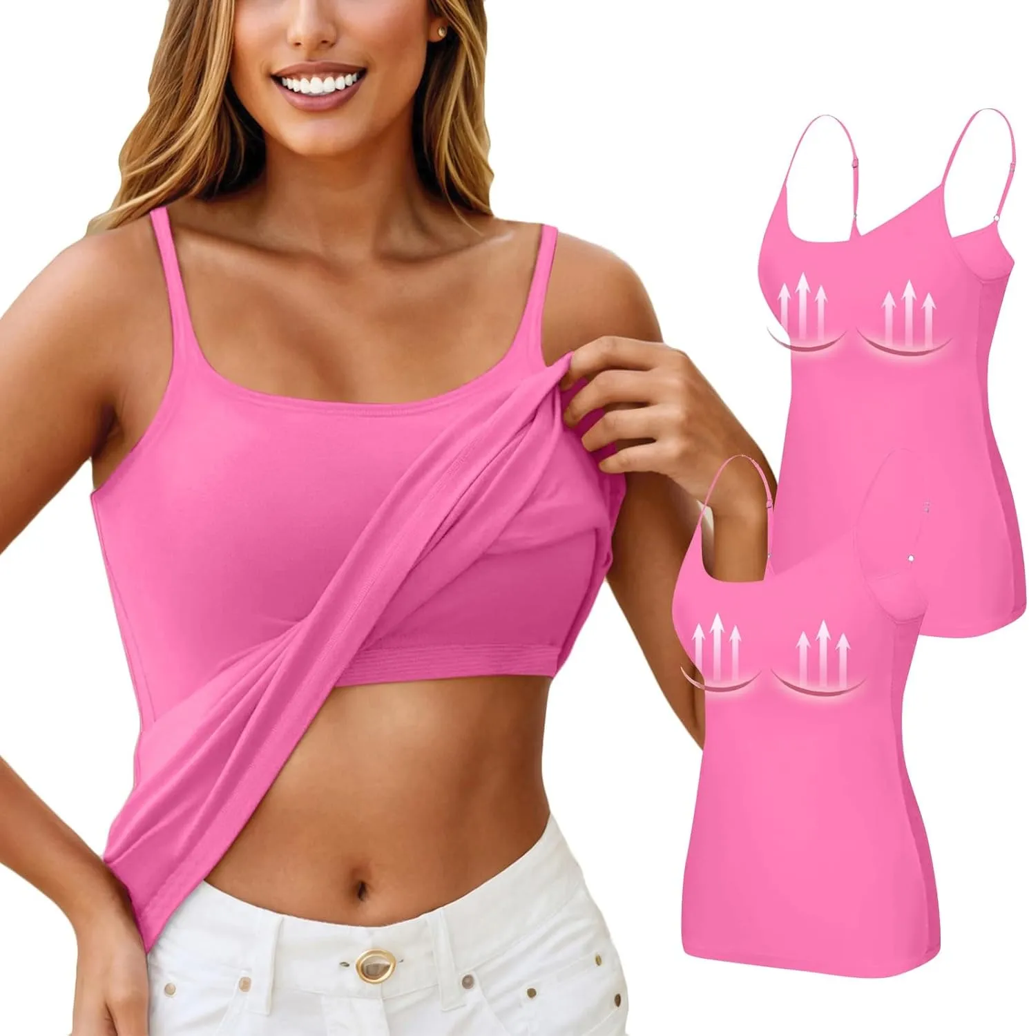 Women Tank Tops with Built in Bras Cotton Shelf Bra Camisoles Adjustable Spaghetti Basic Undershirt Layer Cami 2 Pack