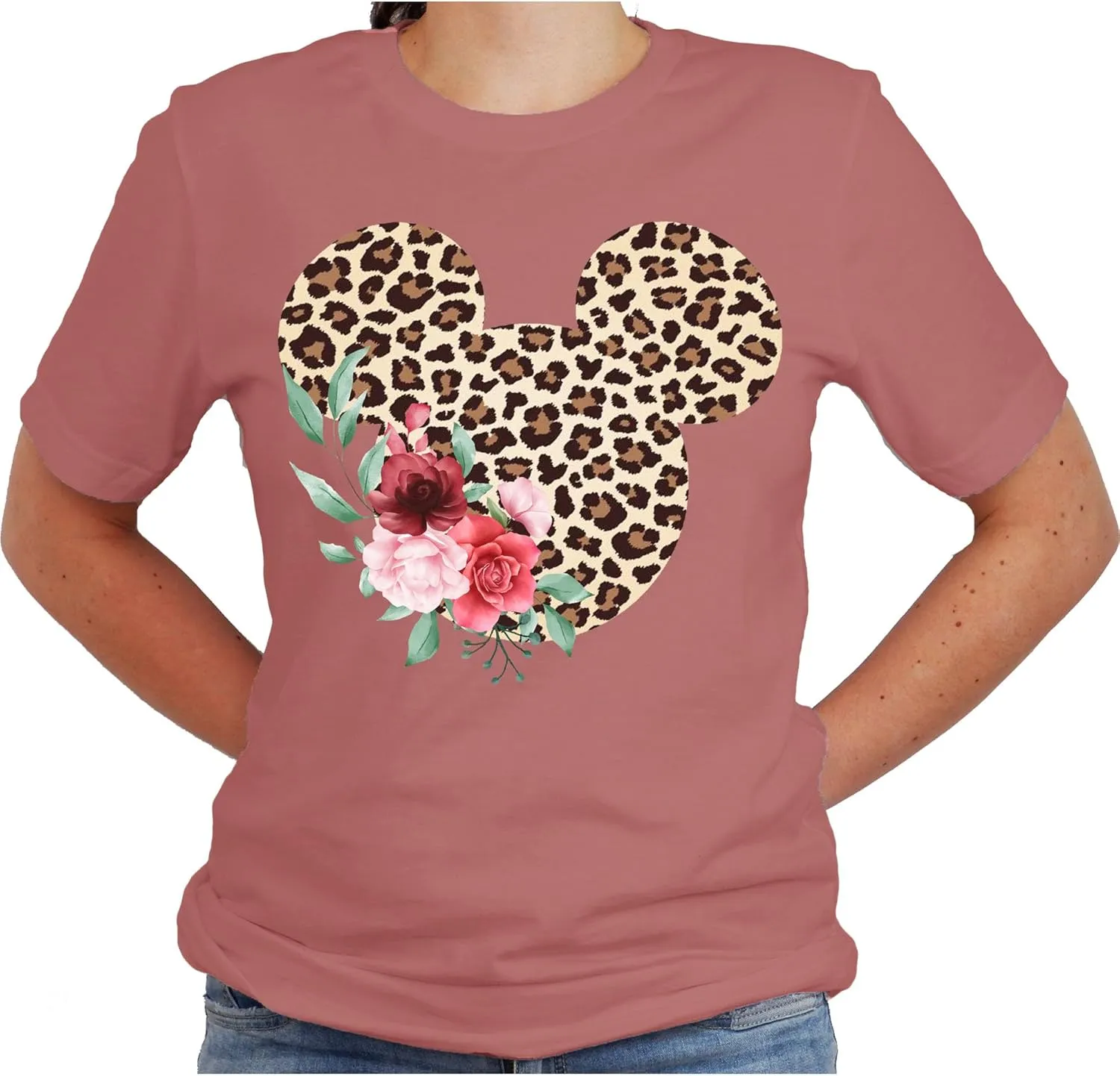 Women Teen Leopard Print Mickey Ears with Flowers Shirt Floral Adult Women Ladies Boho Character Tshirt