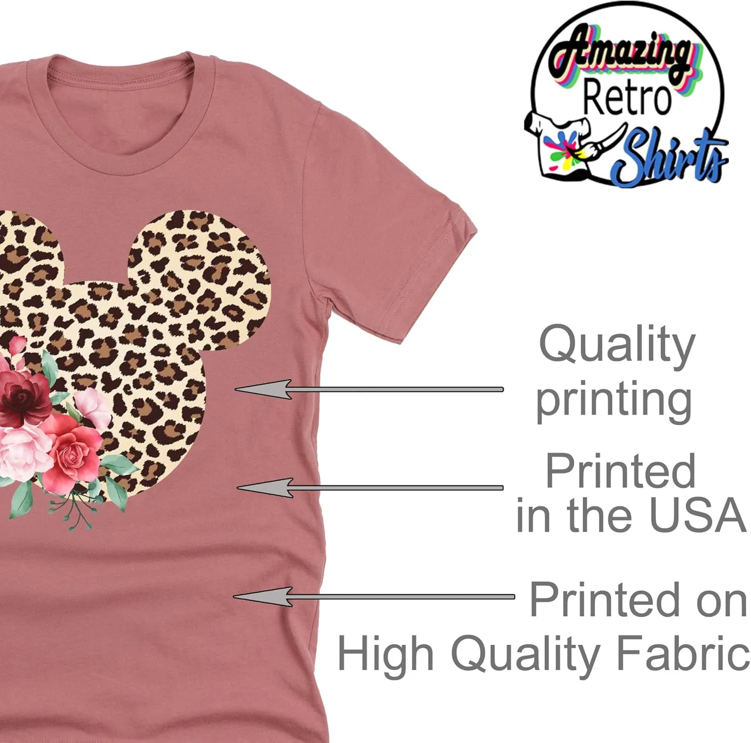 Women Teen Leopard Print Mickey Ears with Flowers Shirt Floral Adult Women Ladies Boho Character Tshirt