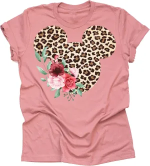 Women Teen Leopard Print Mickey Ears with Flowers Shirt Floral Adult Women Ladies Boho Character Tshirt