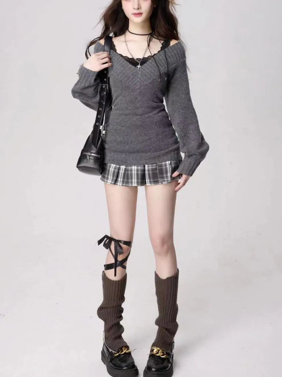 Women Vintage Coquette V-Neck Slim Fit Sweater Y2K Aesthetic Long Sleeve Knitted Pullovers Top