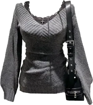 Women Vintage Coquette V-Neck Slim Fit Sweater Y2K Aesthetic Long Sleeve Knitted Pullovers Top