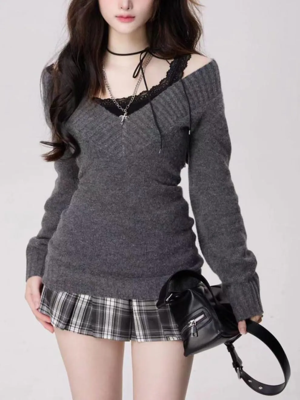 Women Vintage Coquette V-Neck Slim Fit Sweater Y2K Aesthetic Long Sleeve Knitted Pullovers Top
