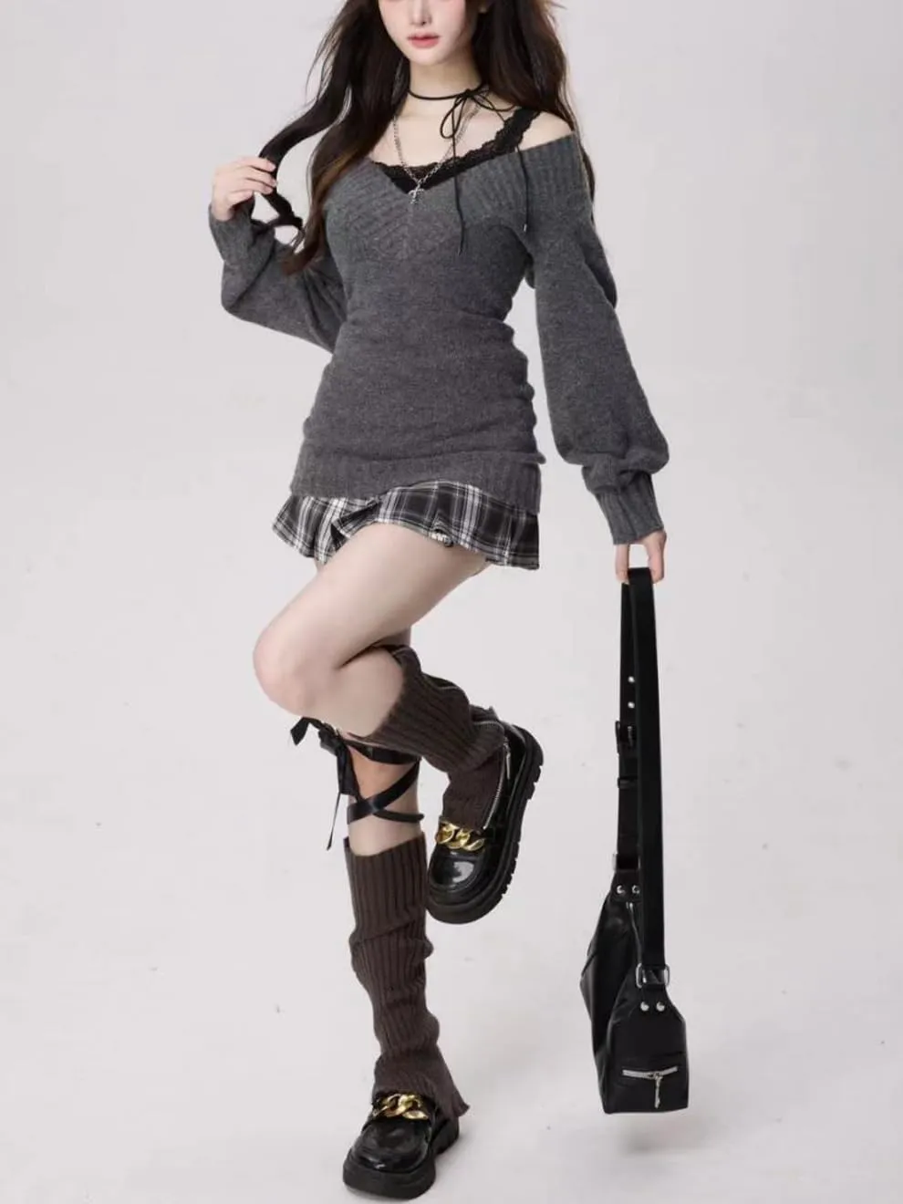 Women Vintage Coquette V-Neck Slim Fit Sweater Y2K Aesthetic Long Sleeve Knitted Pullovers Top