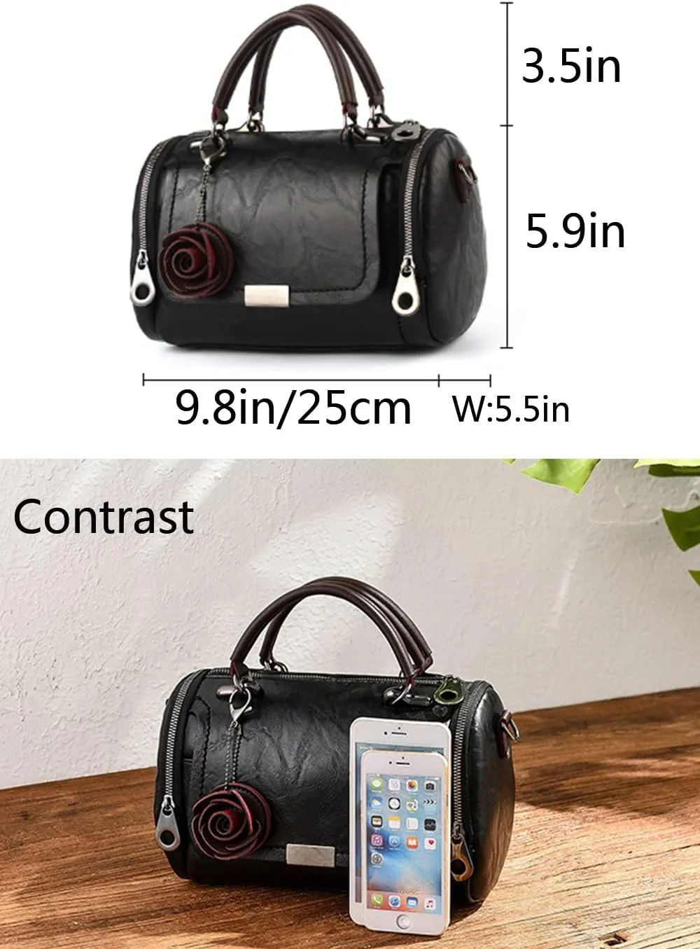 Women Vintage Tote Purse Top-handle Satchel Boston Bags Rose Pendant Shoulder Bags