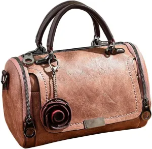 Women Vintage Tote Purse Top-handle Satchel Boston Bags Rose Pendant Shoulder Bags