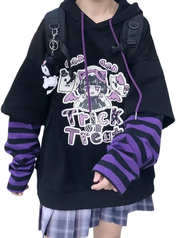 Women Y2K Colorblock Long Sleeve Drawstring Hoodie Sweatshirt Fairy Grunge Jacket Punk Anime Oversized Goth Clothes