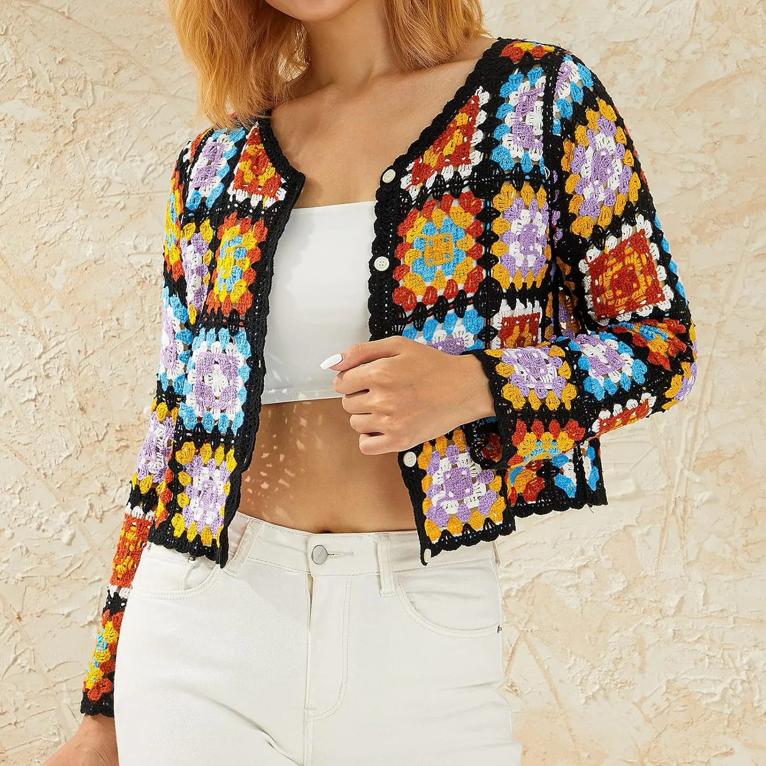 Women Y2k Crochet Floral Knit Pullover Long Sleeve V Neck Sweater Aesthetic Hollow Out Oversized Jumper Top