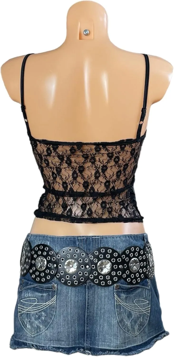 Women Y2k Lace Camisole Crop Tops Sexy Spaghetti Strap See Through Cami Sheer Mesh Going Out Tank Top