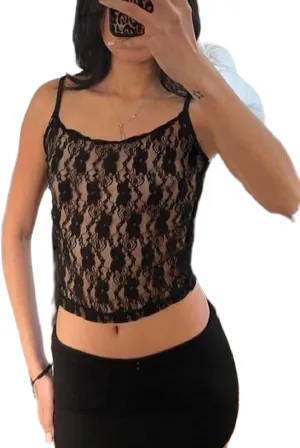Women Y2k Lace Camisole Crop Tops Sexy Spaghetti Strap See Through Cami Sheer Mesh Going Out Tank Top