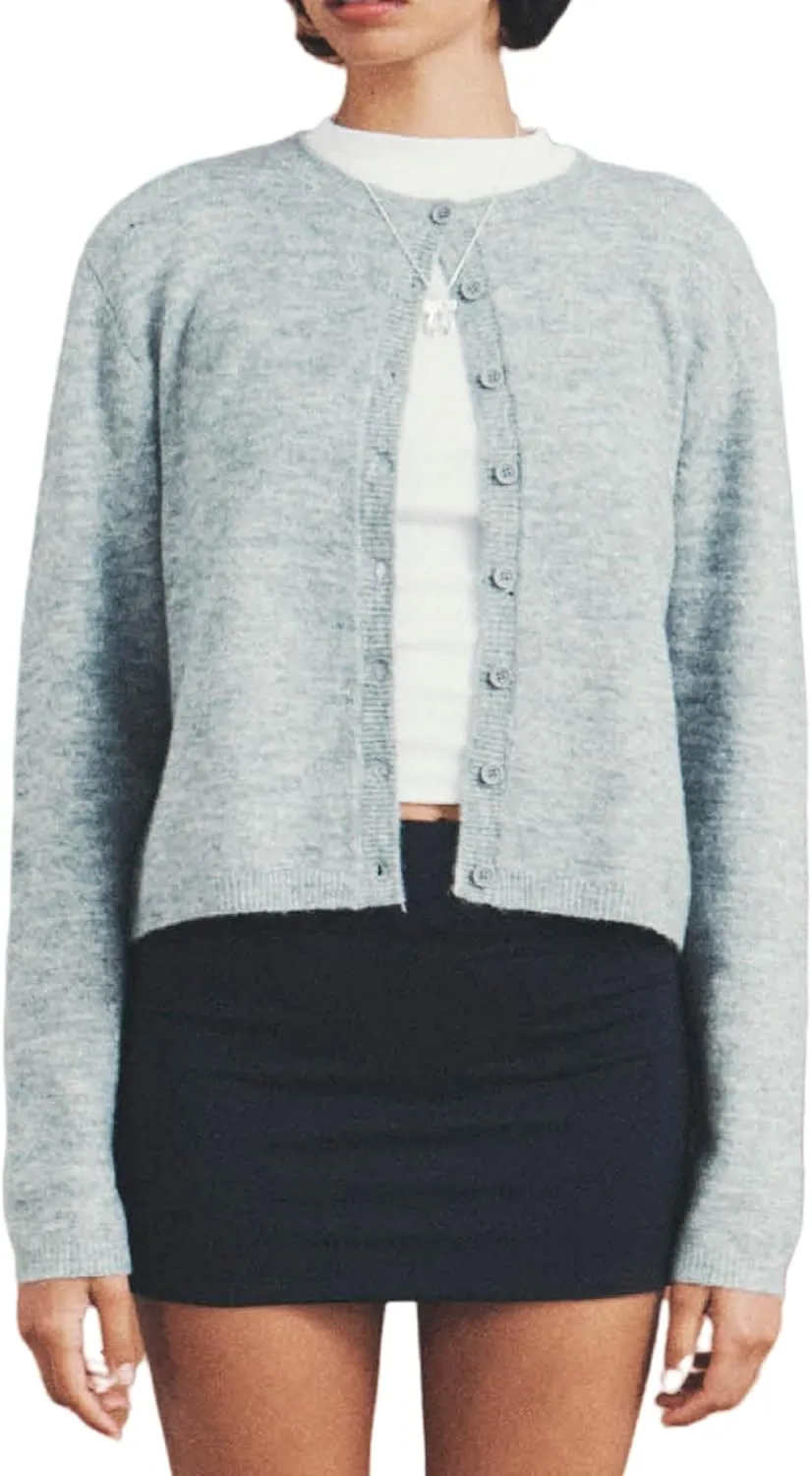 Women Y2k Open Front Sweater Long Sleeve Crewneck Crop Cardigan Cute Button Down Knit Pullover Tops Streetwear