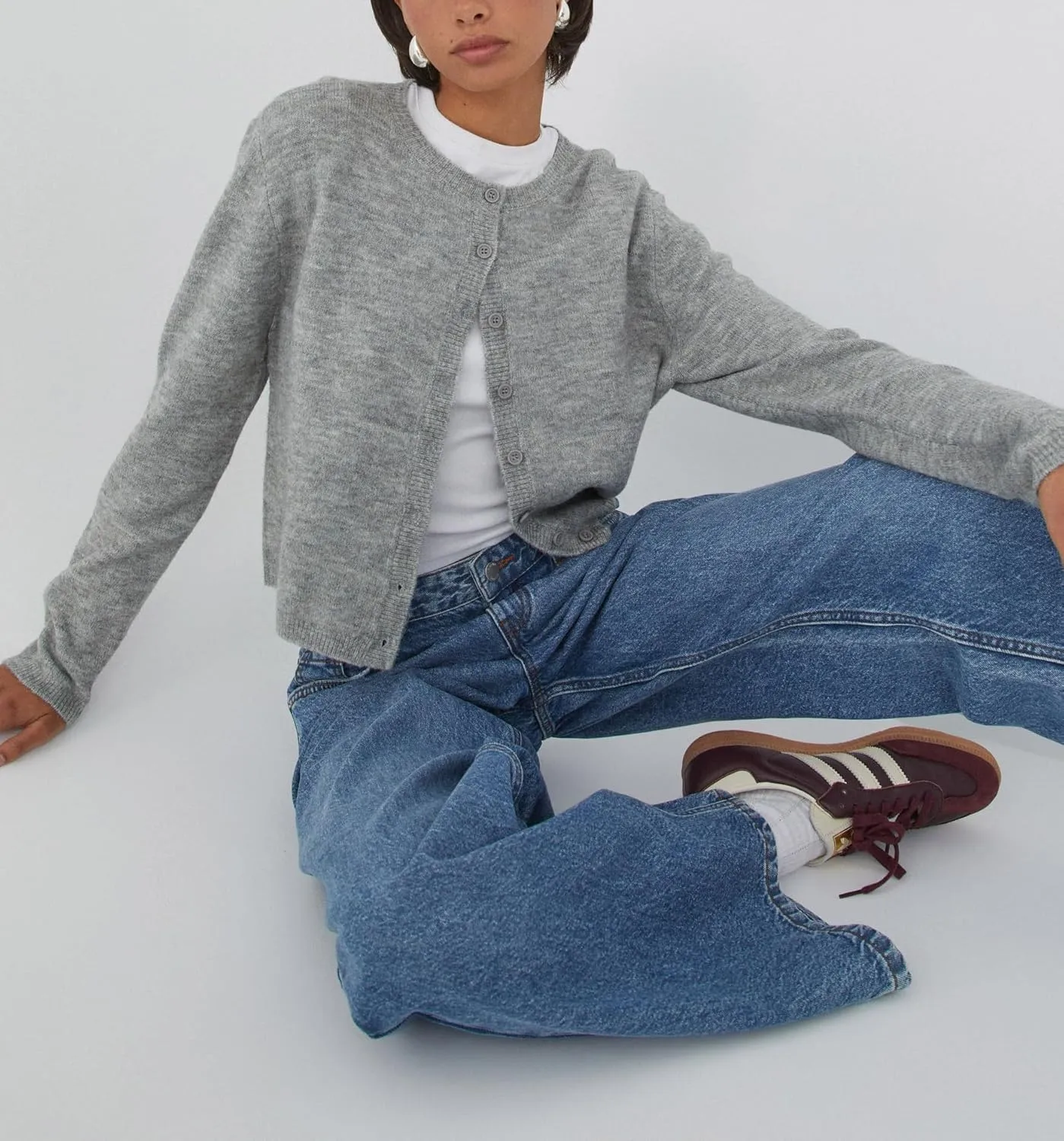 Women Y2k Open Front Sweater Long Sleeve Crewneck Crop Cardigan Cute Button Down Knit Pullover Tops Streetwear