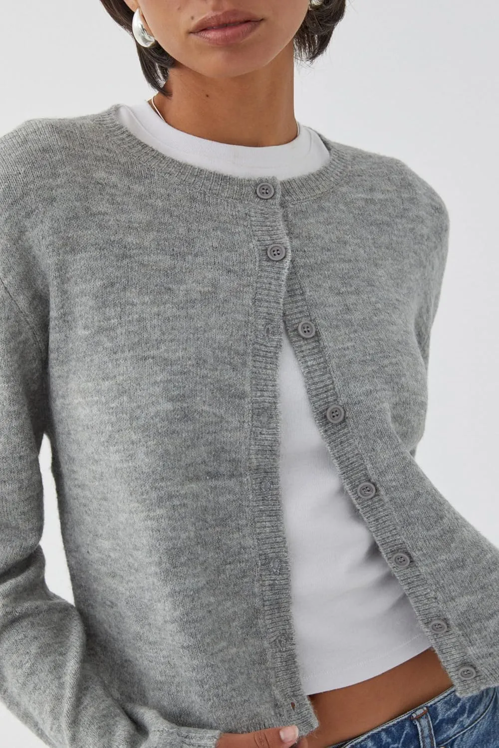 Women Y2k Open Front Sweater Long Sleeve Crewneck Crop Cardigan Cute Button Down Knit Pullover Tops Streetwear