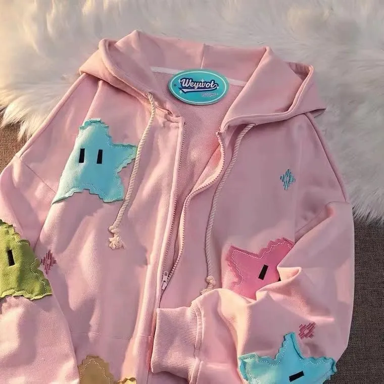 Women Y2K Zip Up Hoodies Cute Grunge Star Oversized Hoodies Preppy Long Sleeve Sweatshirts Goth Star Graphic Jacket
