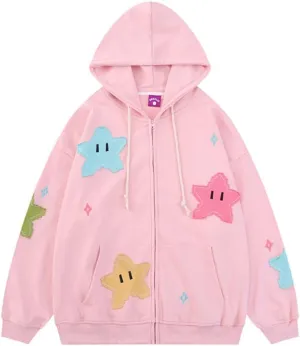 Women Y2K Zip Up Hoodies Cute Grunge Star Oversized Hoodies Preppy Long Sleeve Sweatshirts Goth Star Graphic Jacket