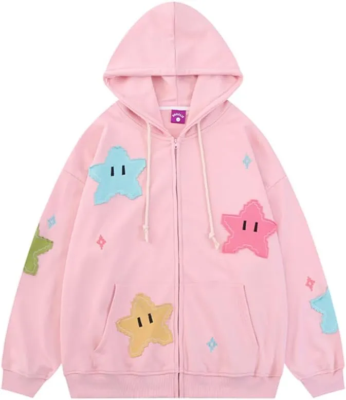 Women Y2K Zip Up Hoodies Cute Grunge Star Oversized Hoodies Preppy Long Sleeve Sweatshirts Goth Star Graphic Jacket