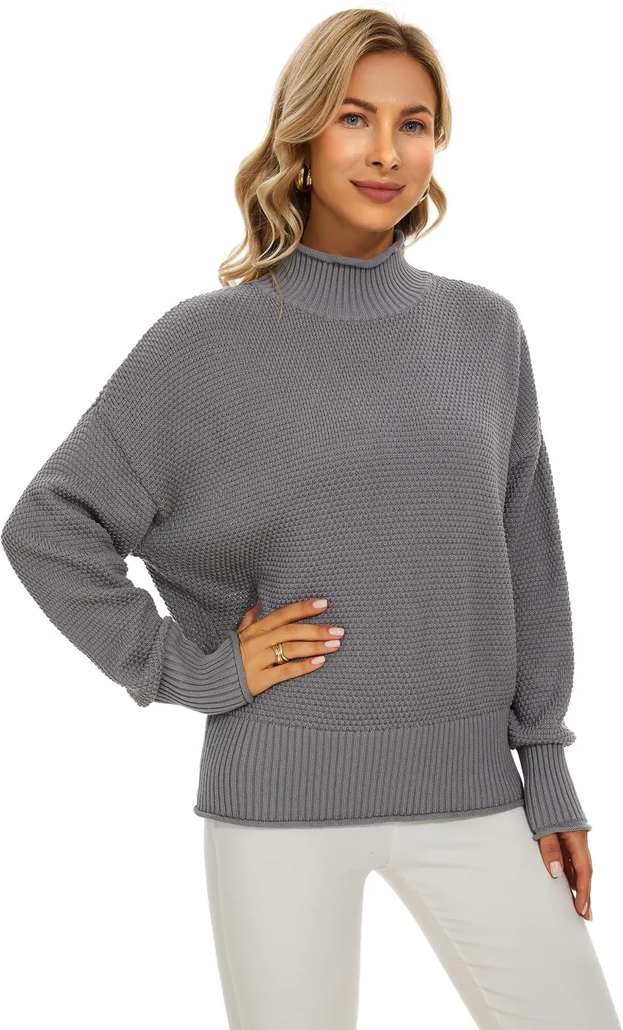 Women's 100% Cotton Turtleneck Oversized Sweaters 2024 Loose Long Sleeve Pullover Batwing Knit Jumper