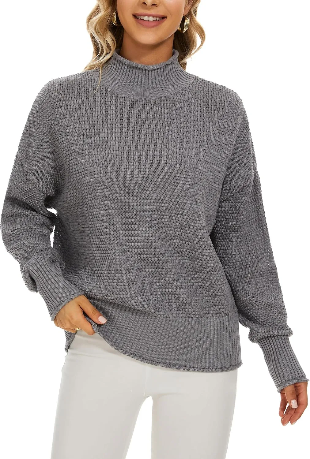 Women's 100% Cotton Turtleneck Oversized Sweaters 2024 Loose Long Sleeve Pullover Batwing Knit Jumper