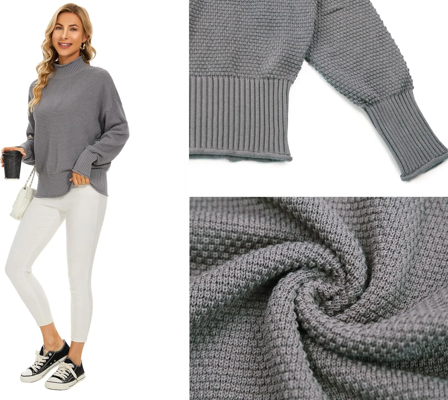 Women's 100% Cotton Turtleneck Oversized Sweaters 2024 Loose Long Sleeve Pullover Batwing Knit Jumper