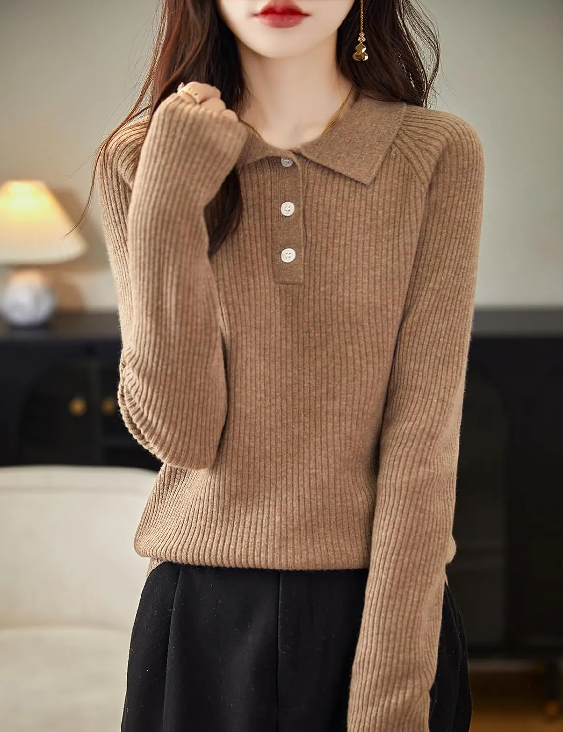 Women's 100% Merino Wool Sweater 2025 Fall Winter Polo Neck Long Sleeve Warm Soft Knit Pulover Sweater