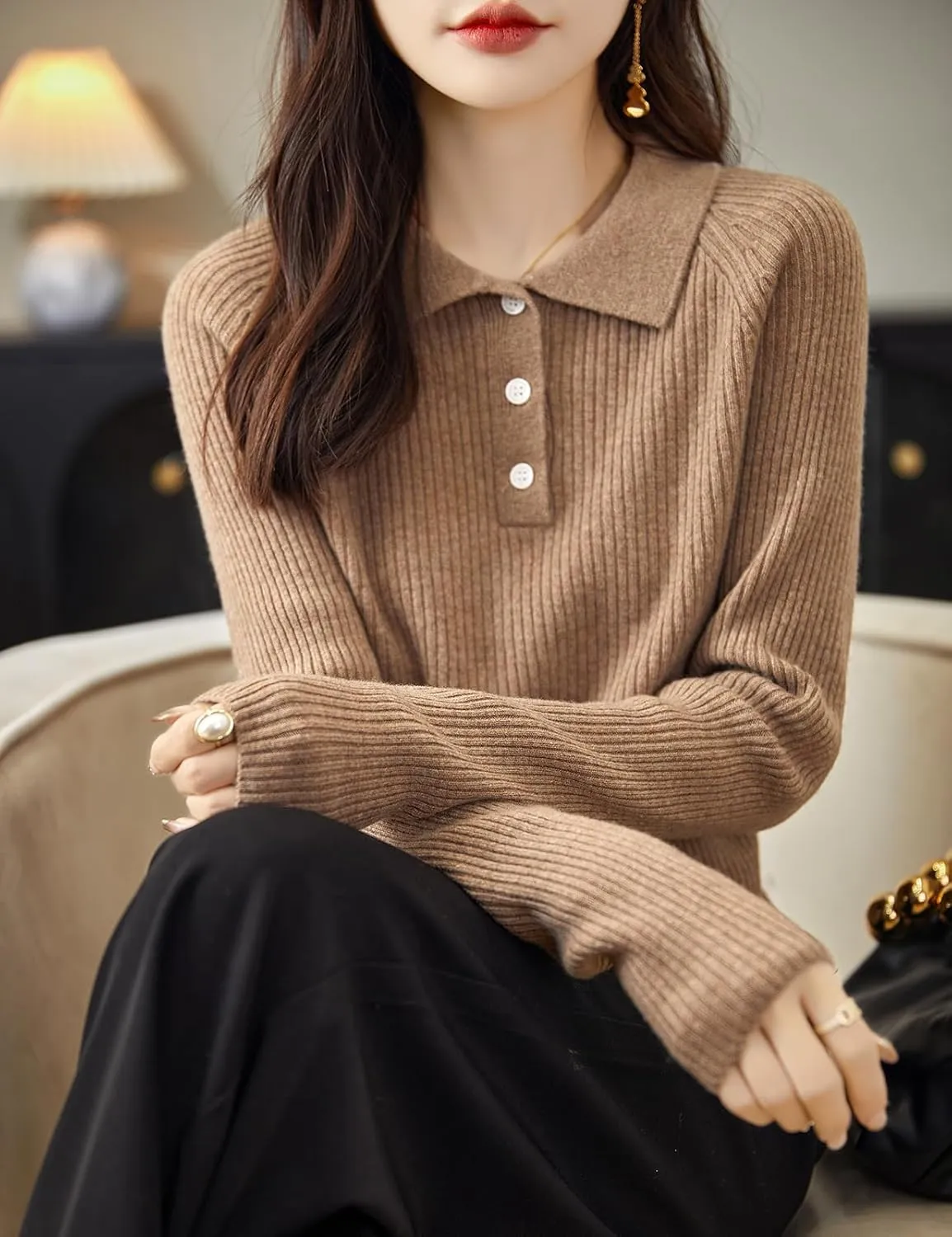 Women's 100% Merino Wool Sweater 2025 Fall Winter Polo Neck Long Sleeve Warm Soft Knit Pulover Sweater