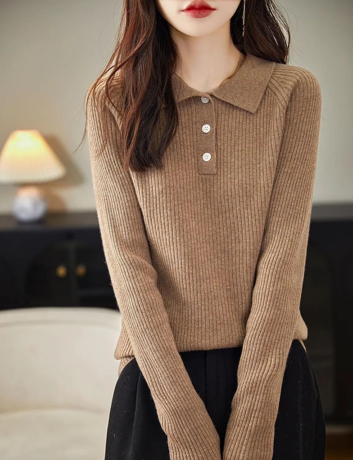 Women's 100% Merino Wool Sweater 2025 Fall Winter Polo Neck Long Sleeve Warm Soft Knit Pulover Sweater