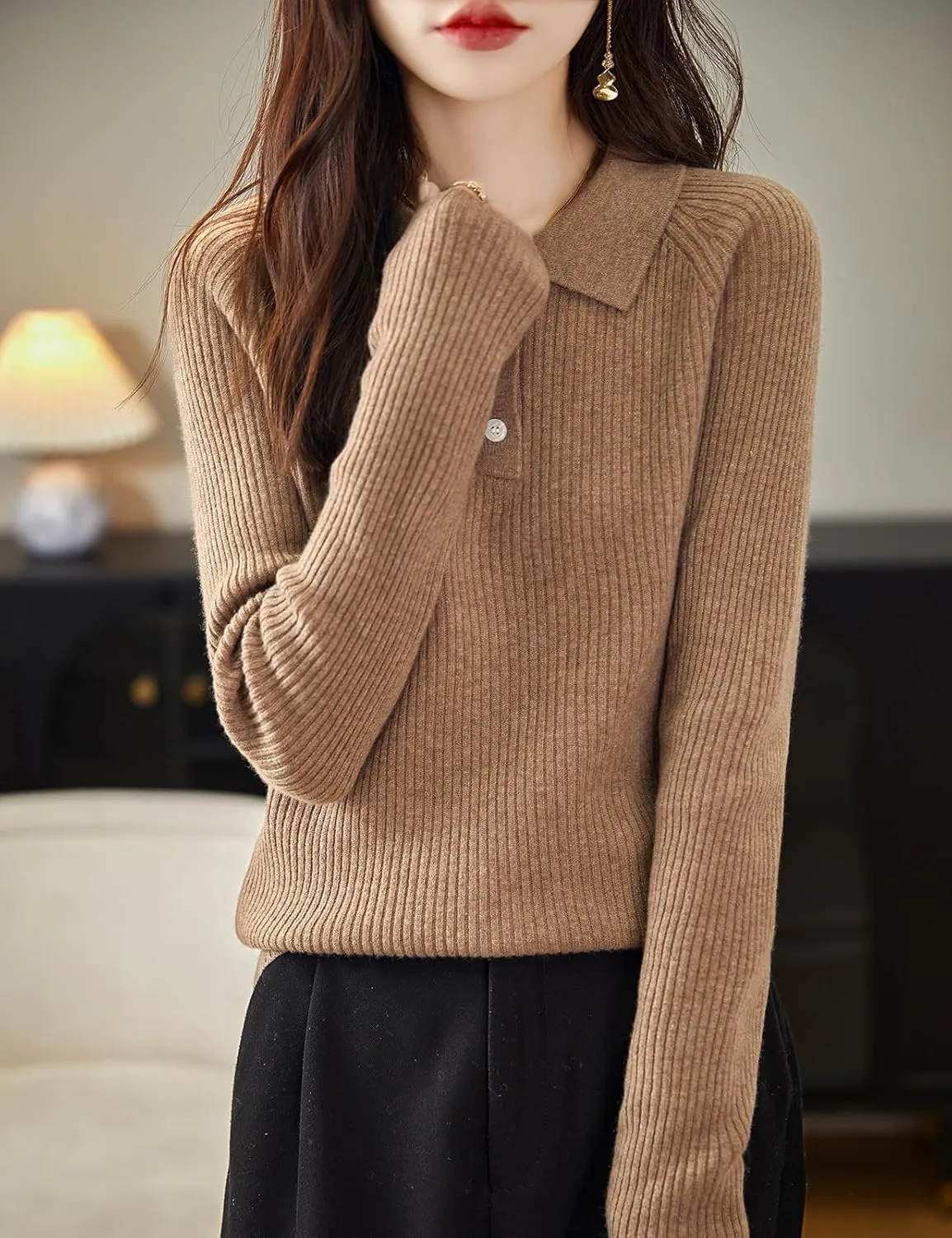 Women's 100% Merino Wool Sweater 2025 Fall Winter Polo Neck Long Sleeve Warm Soft Knit Pulover Sweater