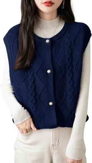 Women's 100% Merino Wool Sweater Vest 2025 Fall Winter Crew Neck Button Down Sleeveless Cable Knit Sweater Vest