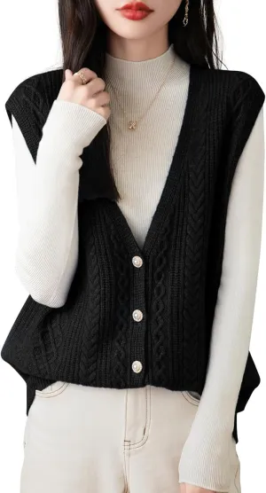 Women's 100% Merino Wool Sweater Vest 2025 Fall Winter V Neck Button Down Sleeveless Cable Knit Sweater Vest