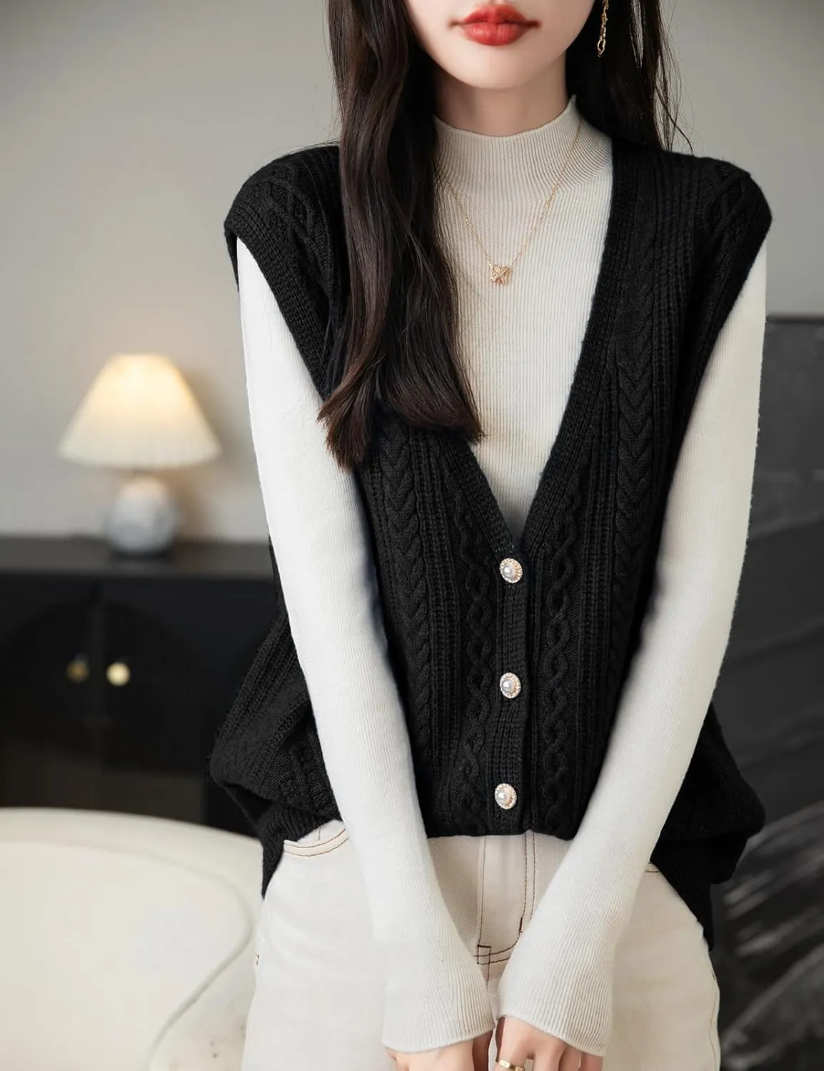 Women's 100% Merino Wool Sweater Vest 2025 Fall Winter V Neck Button Down Sleeveless Cable Knit Sweater Vest
