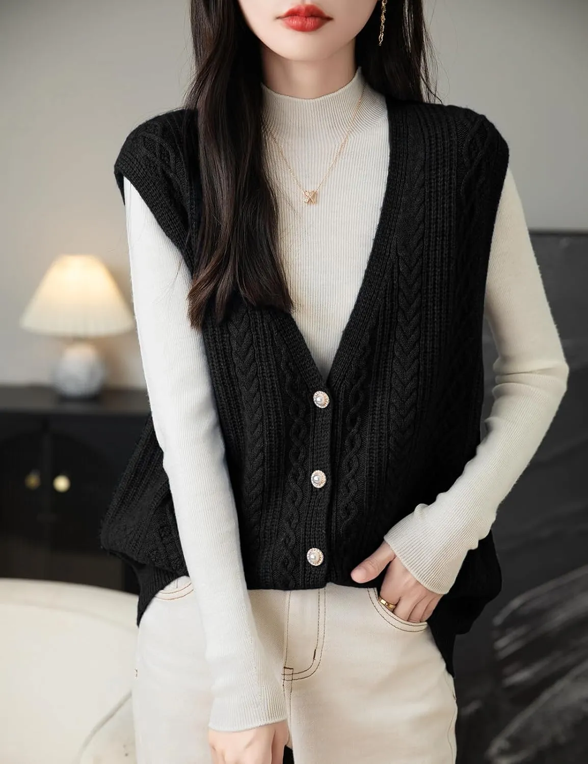 Women's 100% Merino Wool Sweater Vest 2025 Fall Winter V Neck Button Down Sleeveless Cable Knit Sweater Vest