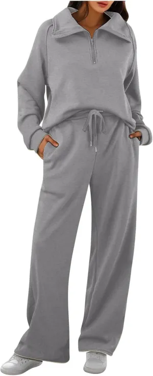 Womens 2 Piece Outfits Lounge Half Zip Hoodie Sweatsuit Sets Oversized Sweatshirt Baggy Fall Fashion Sweatpants Dark Gray