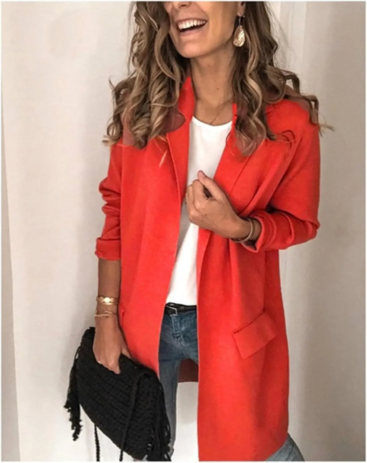 Womens 2023 Long Blazers Casual Open Front Jackets Long Sleeve Lightweight Work Office Jackets Blazer with Pockets