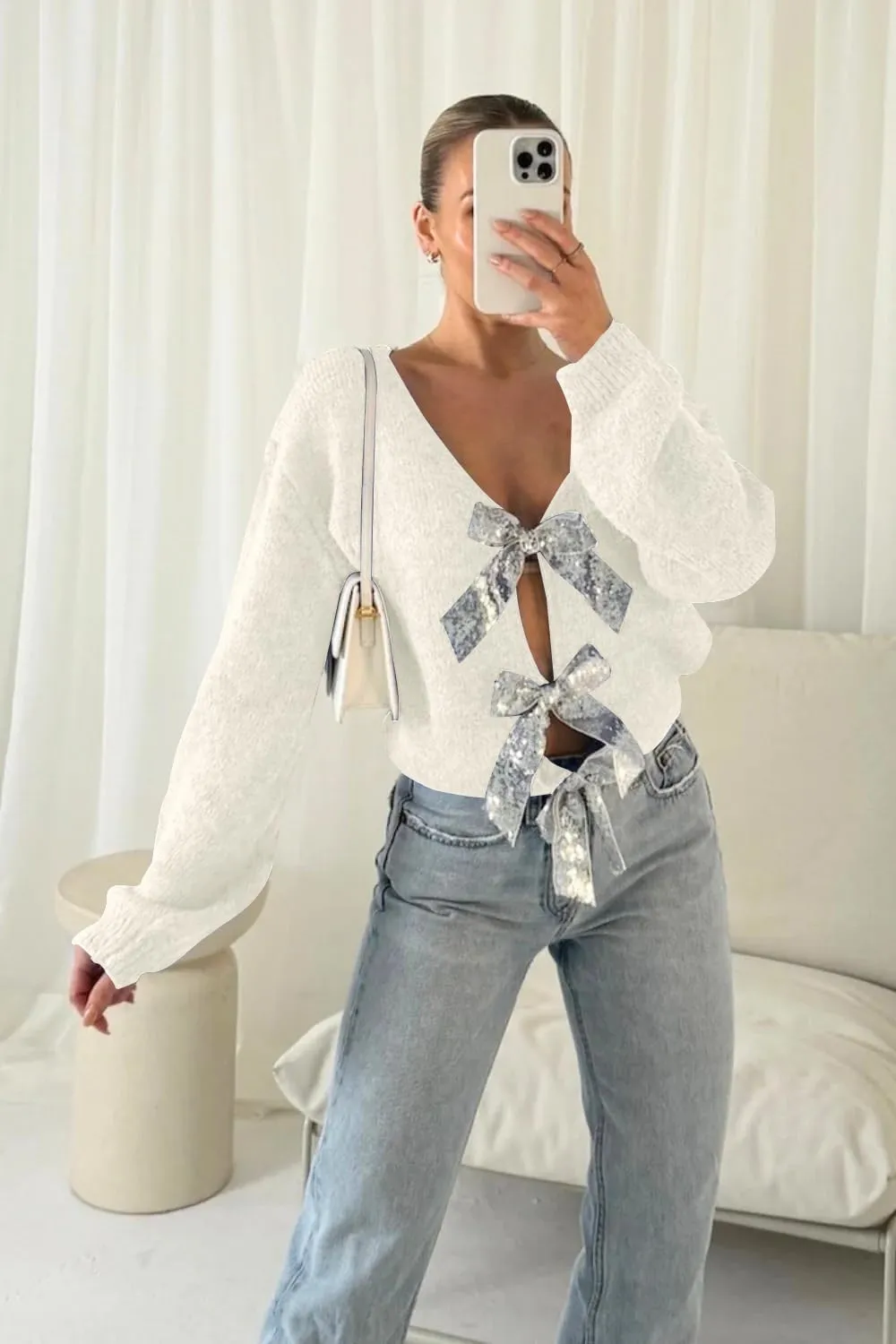 Womens 2024 Fall Winter Bow Knot Cardigan Sweater Long Sleeve Open Front V Neck Chunky Knit Cardigan Coats
