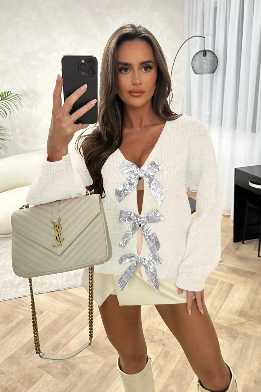 Womens 2024 Fall Winter Bow Knot Cardigan Sweater Long Sleeve Open Front V Neck Chunky Knit Cardigan Coats