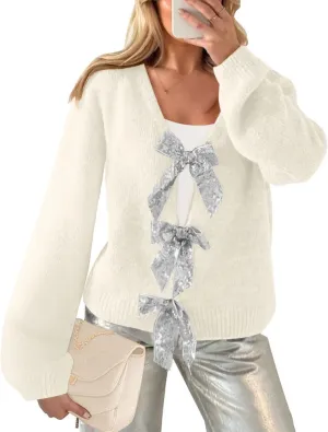 Womens 2024 Fall Winter Bow Knot Cardigan Sweater Long Sleeve Open Front V Neck Chunky Knit Cardigan Coats