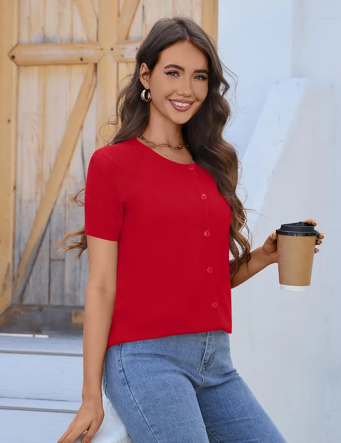 Women's 2025 Short Sleeve Cardigan Button Up Hollowed Out Crewneck Shrug Sweaters Knit Sweater Tops Lightweight
